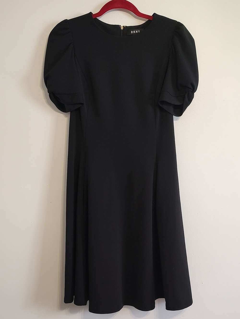 DKNY Black Midi Dress with Puff Sleeves With Pockets.